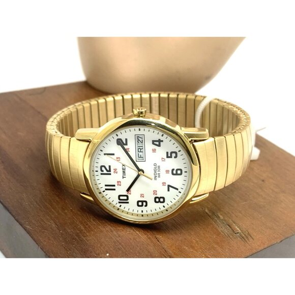 Timex Men's Watch T2N092 Indiglo White Dial Quartz Gold Tone Expansion Band 35mm - Picture 8 of 14